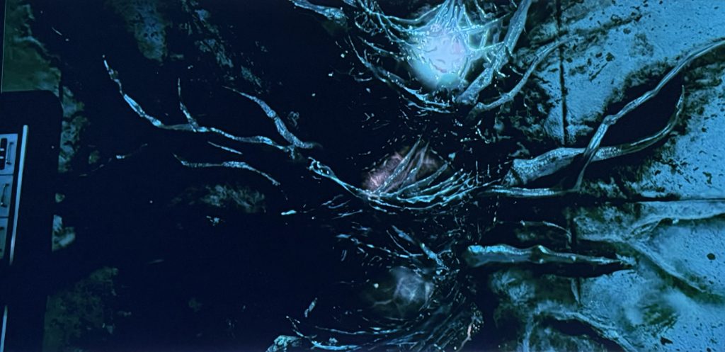 Stranger things screenshot. A wall with an opening covered by a membrane and black vines.